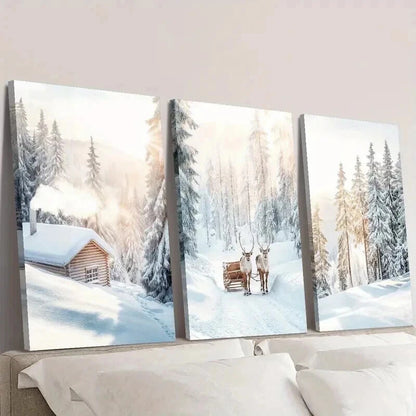 3pcs Snowy Trees Scene & Christmas Elk Wall Art Set Canvas Framed 40x60cm - High Quality Print 100% Australian Made Wall Canvas Ready to Hang