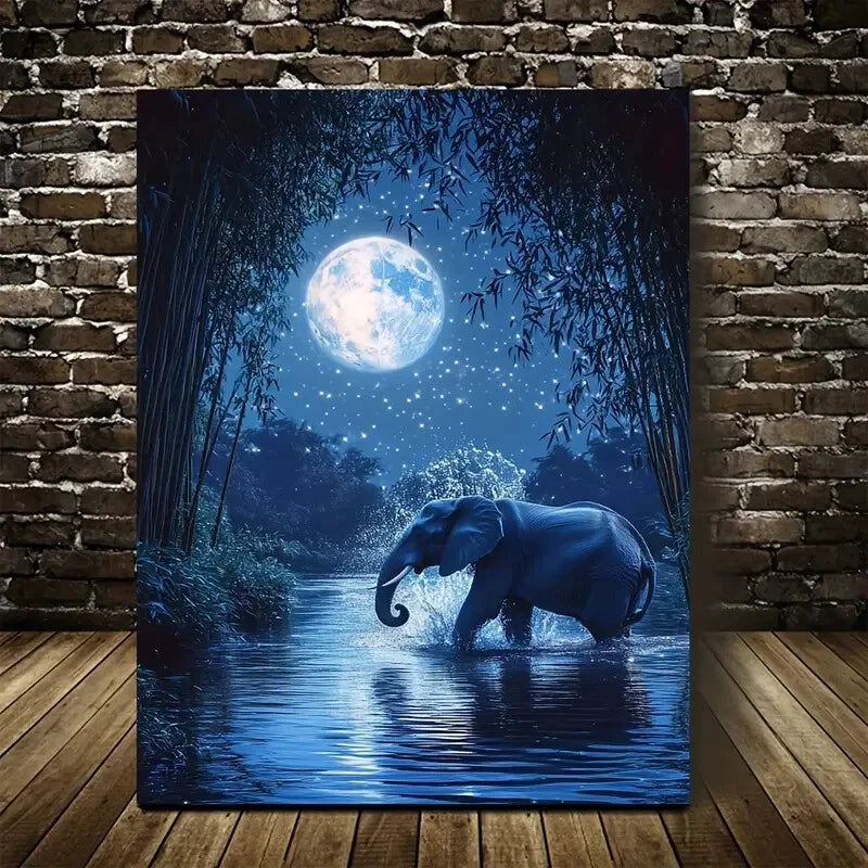 Vibrant Elephant In Bamboo Grove at Night  40x60cm Metal Print Ready to Hang