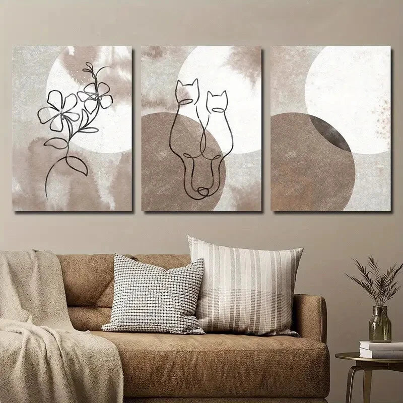 3pcs Modern Abstract Cat & Floral Line Perfect Wall Art Set Canvas Framed 40x60cm - High Quality Print 100% Australian Made Wall Canvas Ready to Hang