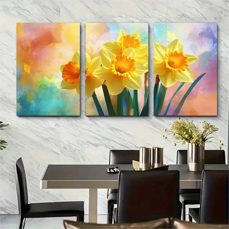 3pcs Spring Daffodils Spring Flower Painting Metal Print Ready to Hang Art