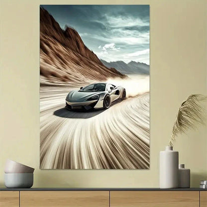 White Racing Car Desert Track Sports Art 40x60cm Metal Print Ready to Hang