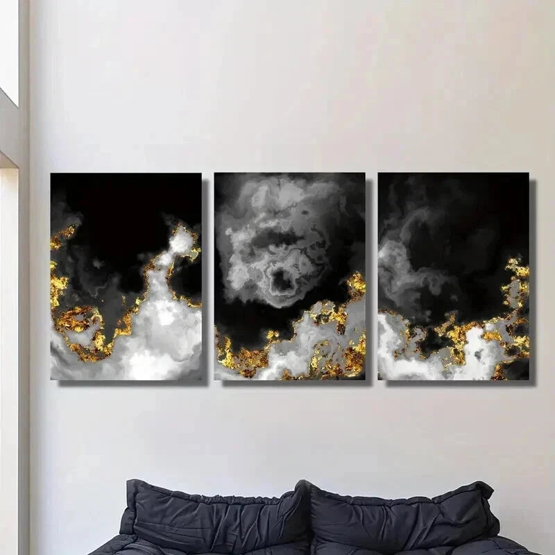 3pcs Black and Gold Abstract Space Clouds Wall Art Set Canvas Framed 40x60cm - High Quality Print 100% Australian Made Wall Canvas Ready to Hang
