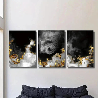 3pcs Black and Gold Abstract Space Clouds Wall Art Set Canvas Framed 40x60cm - High Quality Print 100% Australian Made Wall Canvas Ready to Hang