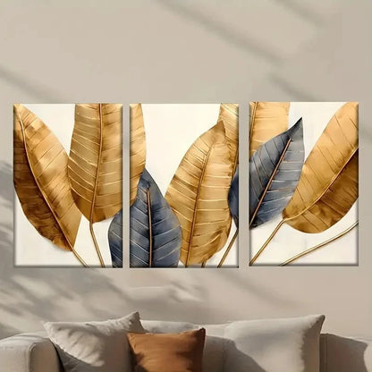 3pcs Three Golden Feathers on a White  Wall Art Set Canvas Framed 60x90cm - High Quality Print 100% Australian Made Wall Canvas Ready to Hang