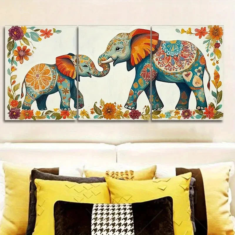 3pcs Youngsters Elephant & Mother Metal Print Ready to Hang Art