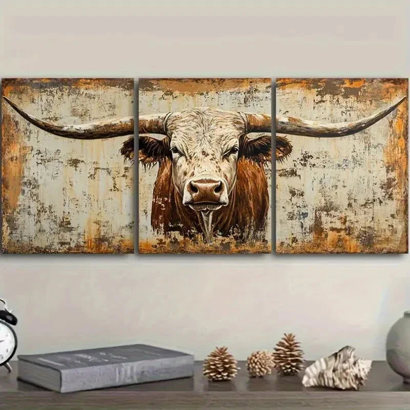 3pcs Rustic Longhorn Bull Vintage Metal Print Ready to Hang Art