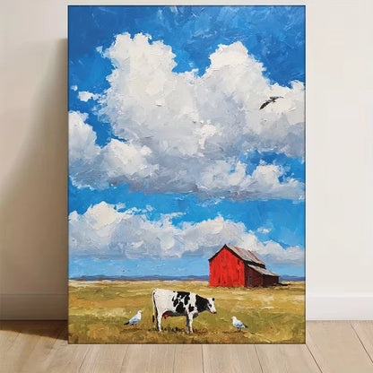 , Cloudy Blue Sky, White Birds, Red Barn   60x90cm Metal Print Ready to Hang