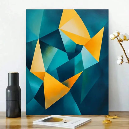 Abstract Painting of Teal And Yellow Wavy Geometric 40x60cm Metal Print Ready to Hang
