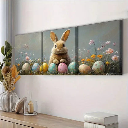 3pcs Adorable Easter Bunny with Eggs Wall Art Set Canvas Framed 60x90cm - High Quality Print 100% Australian Made Wall Canvas Ready to Hang