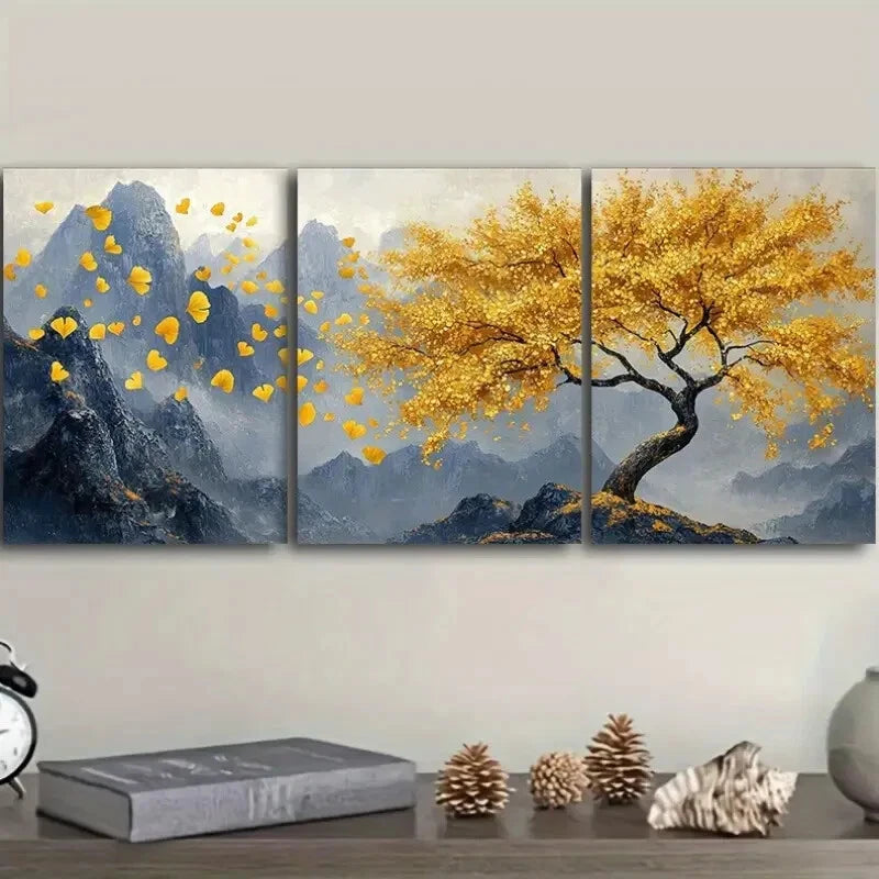 3pcs Golden Tree Modern Style Metal Print Ready to Hang Art