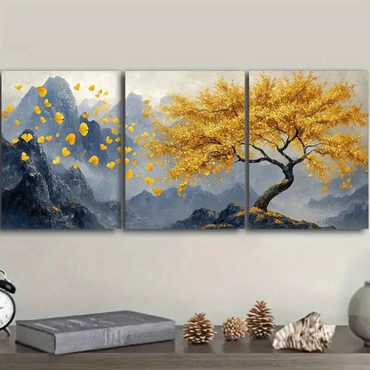 3pcs Golden Tree Modern Style Metal Print Ready to Hang Art