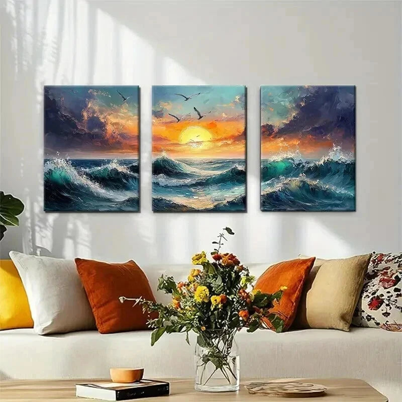 3pcs Ocean Sunset  Fiery Sky & Seagulls Perfect Wall Art Set Canvas Framed 40x60cm - High Quality Print 100% Australian Made Wall Canvas Ready to Hang
