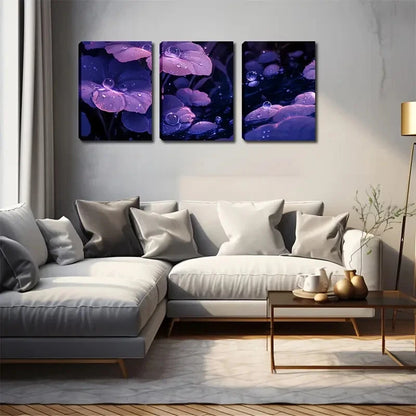 3pcs Purple Leaves Dotted Water Drop Perfect Wall Art Set Canvas Framed 40x60cm - High Quality Print 100% Australian Made Wall Canvas Ready to Hang