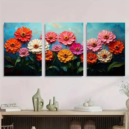 3pcs Reds And Apricot Zinnia Flower Perfect Wall Art Set Canvas Framed 40x60cm - High Quality Print 100% Australian Made Wall Canvas Ready to Hang
