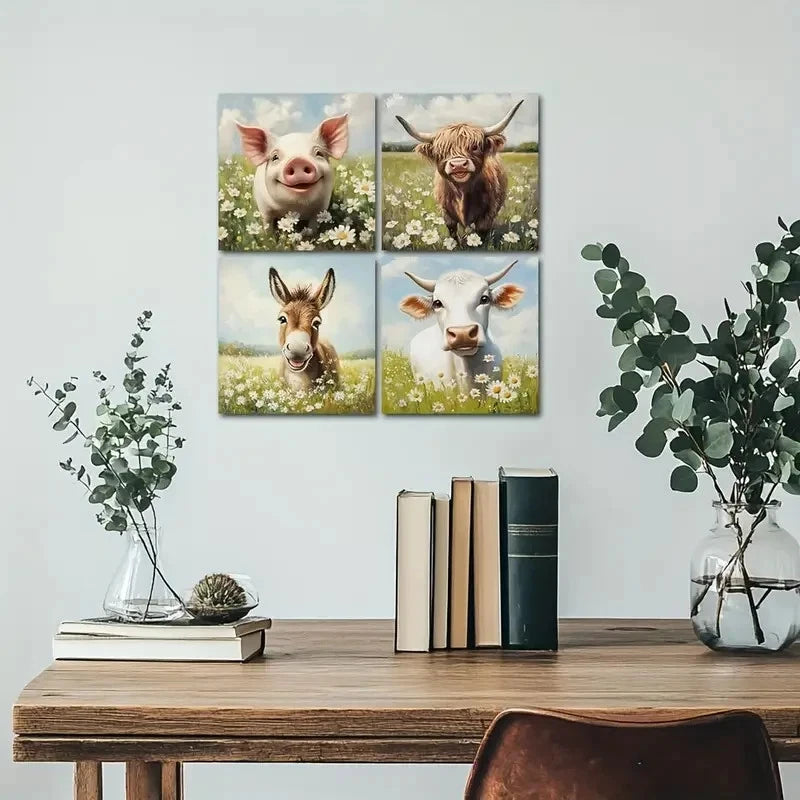 4pcs Pig,Cattle, Donkey & Cow with Floral Fields Wall Art Canvas Framed