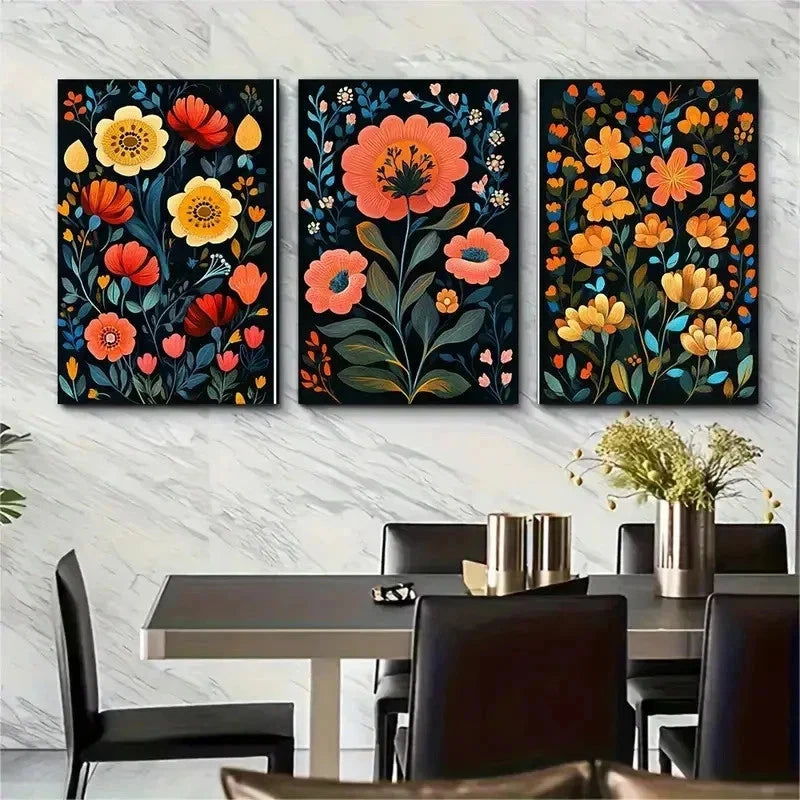 3pcs Afghanistan Gallery Floral Flowers Perfect Wall Art Set Canvas Framed 50x70cm - High Quality Print 100% Australian Made Wall Canvas Ready to Hang