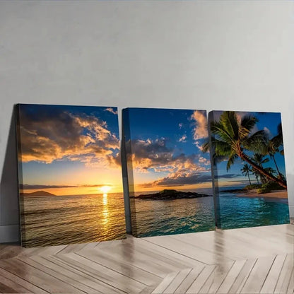 3pcs Sunset Over The Ocean with Palm Wall Art Set Canvas Framed 50x70cm - High Quality Print 100% Australian Made Wall Canvas Ready to Hang