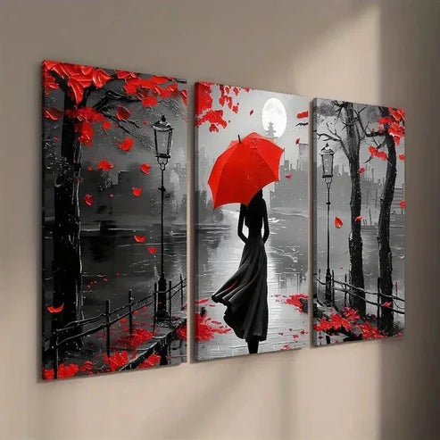 3pcs Black & White Girl with Red Umbrella Wall Art Set Canvas Unframed - High Quality Print 100% Australian Made Wall Canvas