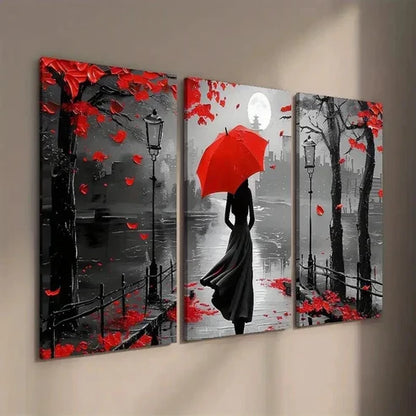 3pcs Black & White Girl with Red Umbrella Wall Art Set Canvas Unframed - High Quality Print 100% Australian Made Wall Canvas