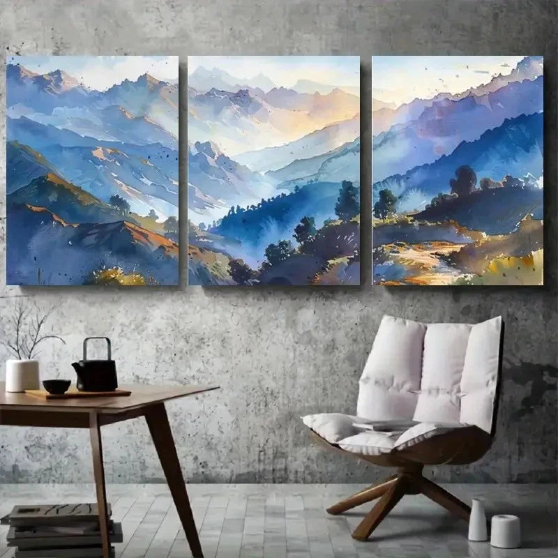 3pcs Misty Blue Mountain Sunrise Metal Print Ready to Hang Art
