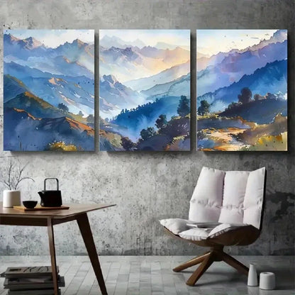 3pcs Misty Blue Mountain Sunrise Metal Print Ready to Hang Art