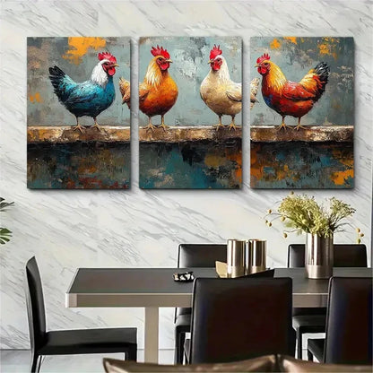 3pcs Vibrant Rooster Colorful Farm Birds Perfect Wall Art Set Canvas Framed 60x90cm - High Quality Print 100% Australian Made Wall Canvas Ready to Hang