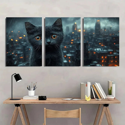 3pcs Stormy Kitten & Cityscape Painting Metal Print Ready to Hang Art