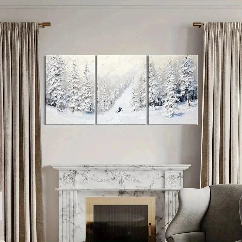 3pcs Skiing Adventure in Snowy Landscape Metal Print Ready to Hang Art