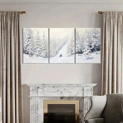 3pcs Skiing Adventure in Snowy Landscape Metal Print Ready to Hang Art