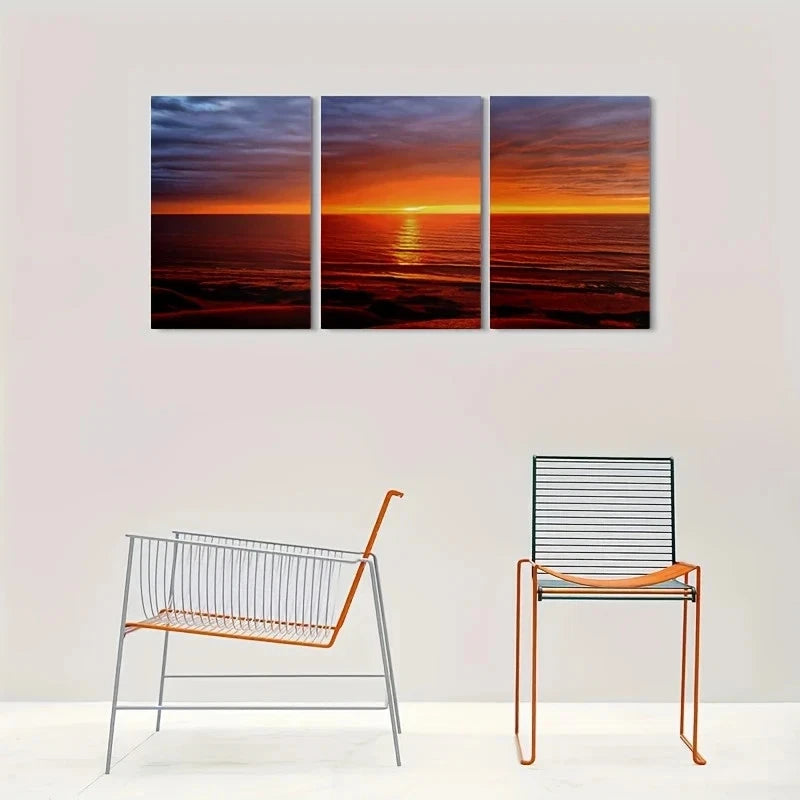 3pcs Vibrant Sunset Over the Ocean Metal Print Ready to Hang Art