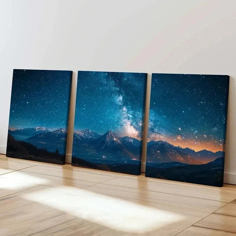 3pcs Mountain Night View Starry Sky Milky Way Wall Art Set Canvas Framed 40x60cm - High Quality Print 100% Australian Made Wall Canvas Ready to Hang