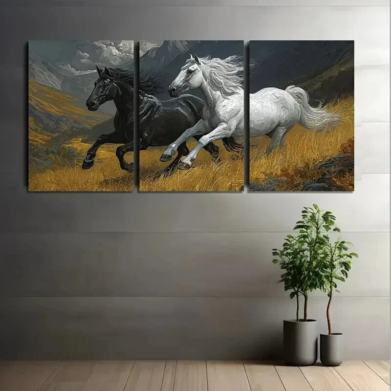 3pcs Galloping Black & White Horses in Valley Metal Print Ready to Hang Art