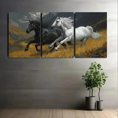 3pcs Galloping Black & White Horses in Valley Metal Print Ready to Hang Art