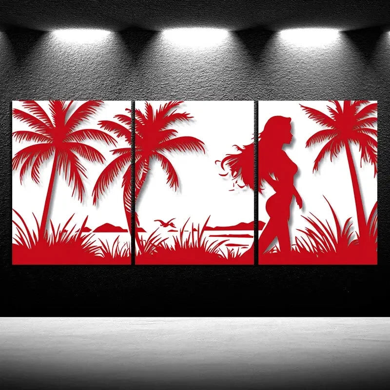 3pcs Tropical Beach Scene Red & White Metal Print Ready to Hang Art