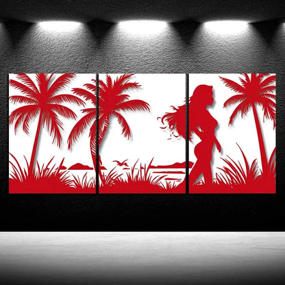 3pcs Tropical Beach Scene Red & White Metal Print Ready to Hang Art