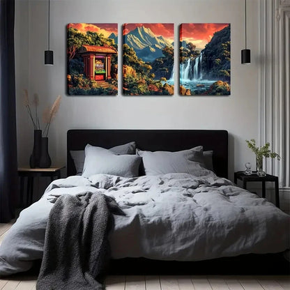 3pcs Waterfall Pavilion Modern Décor Perfect Wall Art Set Canvas Framed 40x60cm - High Quality Print 100% Australian Made Wall Canvas Ready to Hang