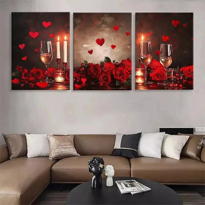 3pcs Romantic Red Roses Wine Glasses Perfect Wall Art Set Canvas Framed 40x60cm - High Quality Print 100% Australian Made Wall Canvas Ready to Hang