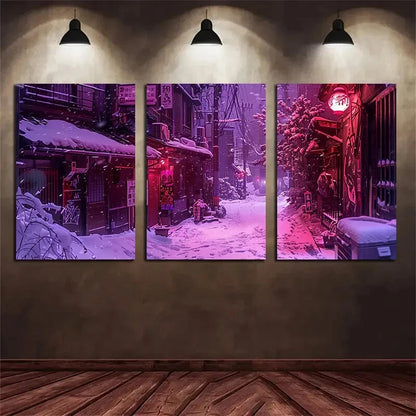 3pcs Japanese Snowy Alley Night Scene Metal Print Ready to Hang Art