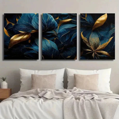 3pcs Abstract Golden And Blue Tropical Leaves Wall Art Set Canvas Unframed - High Quality Print 100% Australian Made Wall Canvas