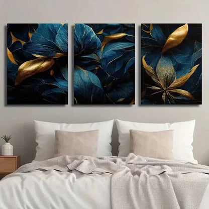 3pcs Abstract Golden And Blue Tropical Leaves Wall Art Set Canvas Unframed - High Quality Print 100% Australian Made Wall Canvas