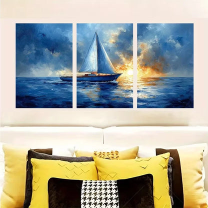 3pcs Nautical Ocean Sailing Blue Indigo Decor Wall Art Set Canvas Framed 50x70cm - High Quality Print 100% Australian Made Wall Canvas Ready to Hang