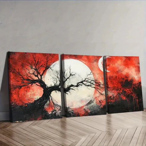 3pcs Abstract Tree with White Moon Light Perfect Wall Art Set Canvas Unframed - High Quality Print 100% Australian Made Wall Canvas