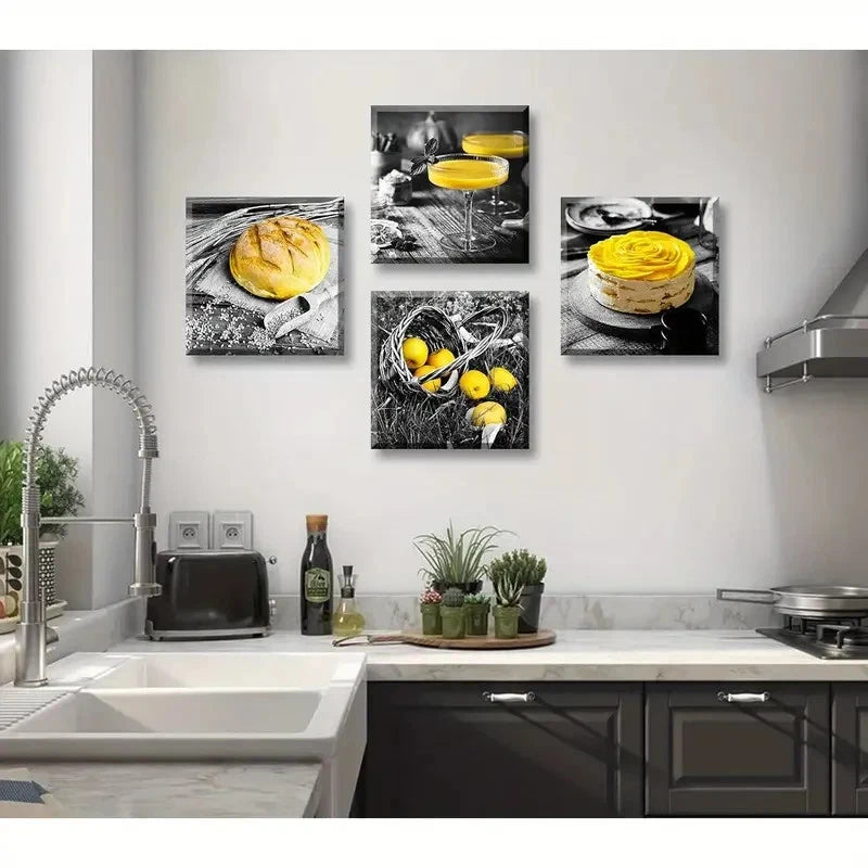 4pcs Frame Kitchen Wall Art Canvas Framed