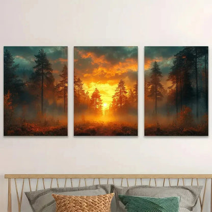 3pcs Pine Forest Dark Sky & Sunset Scene Wall Art Set Canvas Framed 40x60cm - High Quality Print 100% Australian Made Wall Canvas Ready to Hang