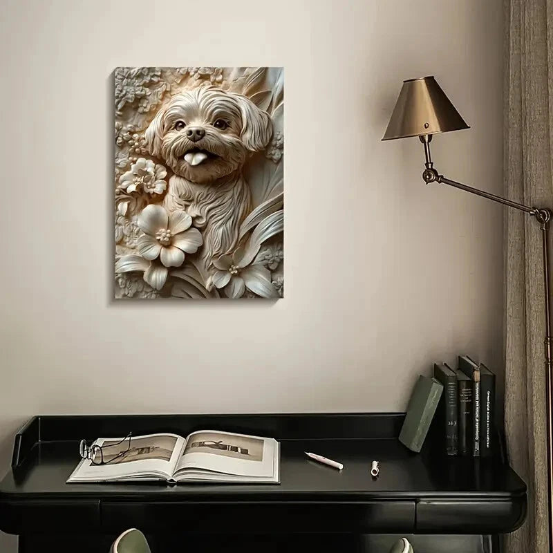 Cheerful Shih Tzu Surrounded by Flowers Painting 40x60cm Metal Print Ready to Hang