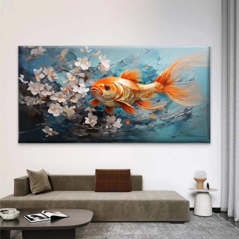 Goldenfish & White Flower Wall Art Canvas Office Home Room Framed 120x60cm