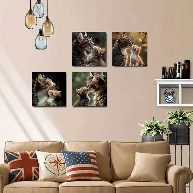 4pcs Charming Kissing Kitty Wall Art Canvas Framed