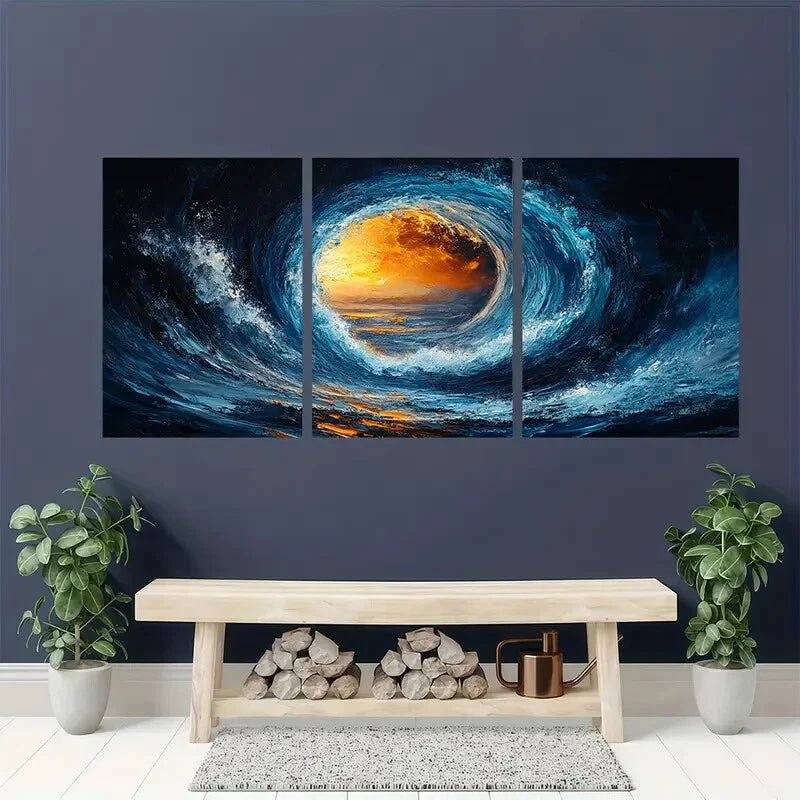 3pcs Abstract Blue Circular Golden Metal Print Ready to Hang Art