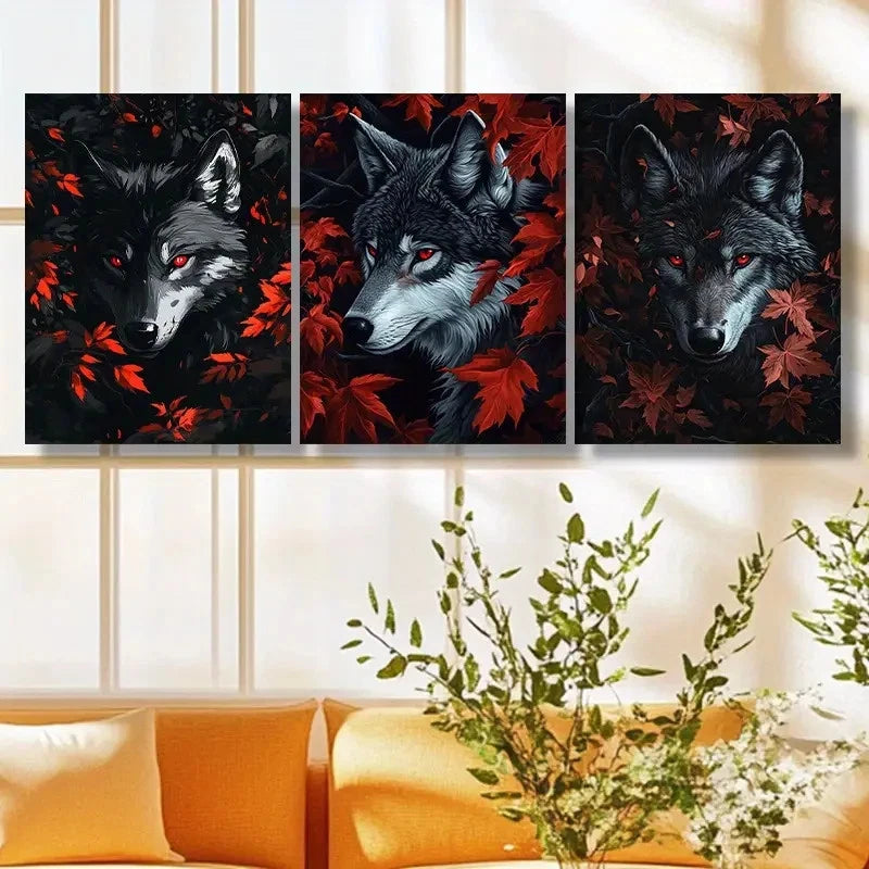 3pcs Red Eyes Wolf Black and Red Illustration Metal Print Ready to Hang Art