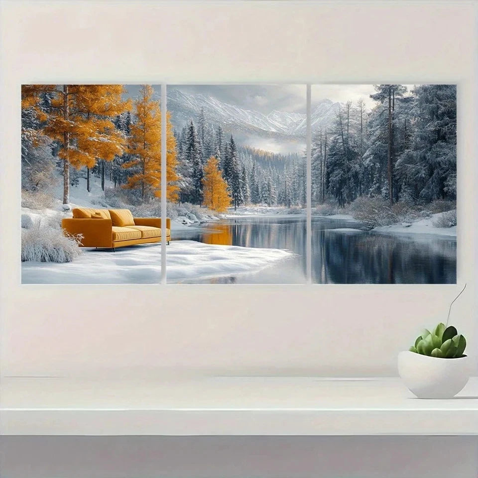 3pcs Snowy Mountain & Winter Forest Scenery Metal Print Ready to Hang Art